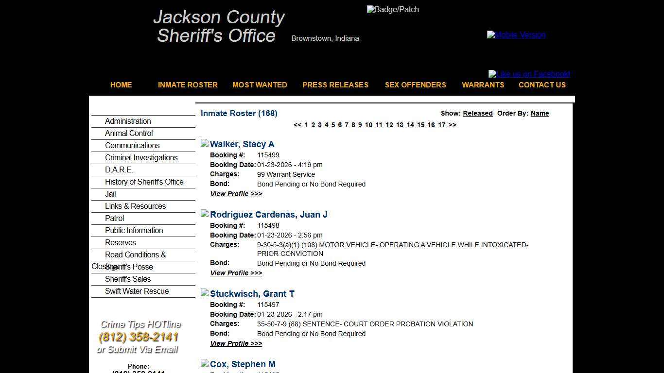 Inmate Roster - Current Inmates Booking Date Descending - Jackson County IN Sheriff